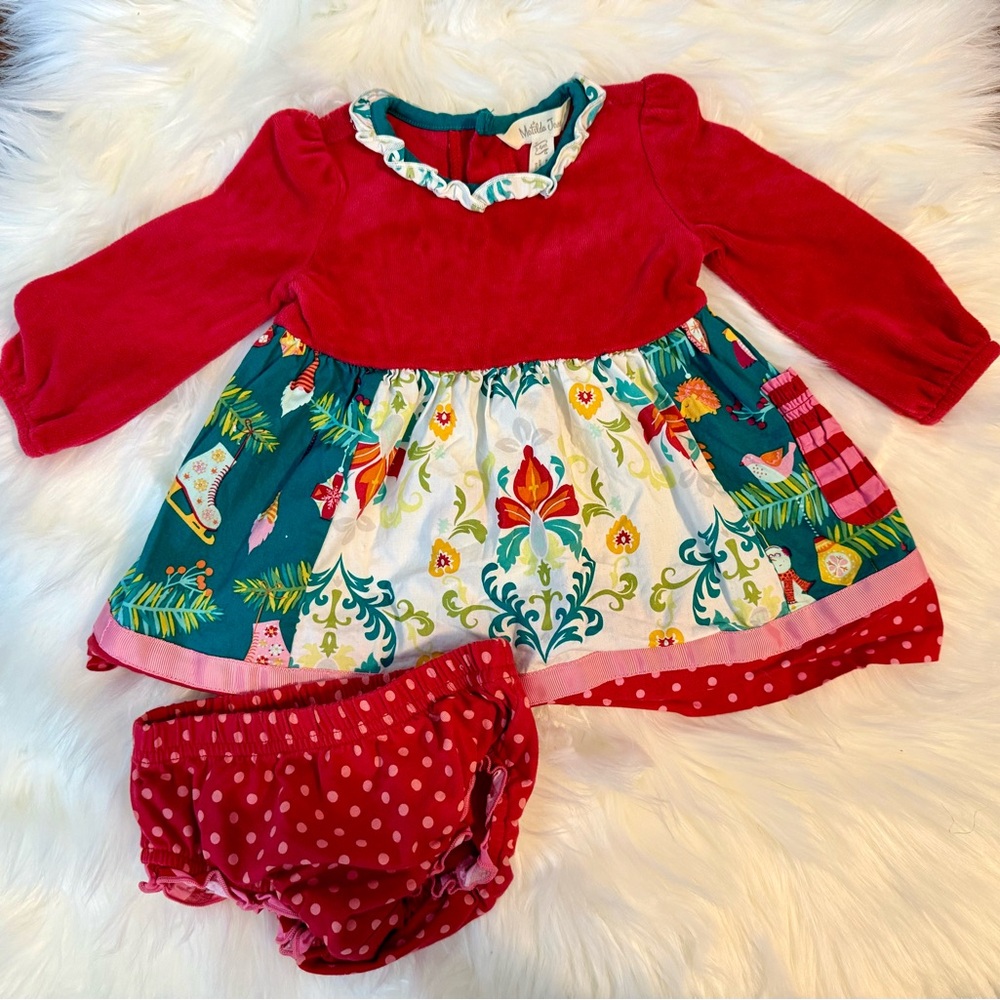 Matilda Jane Festive Red and Green Baby Dress with Bloomers Size 3-6 Months